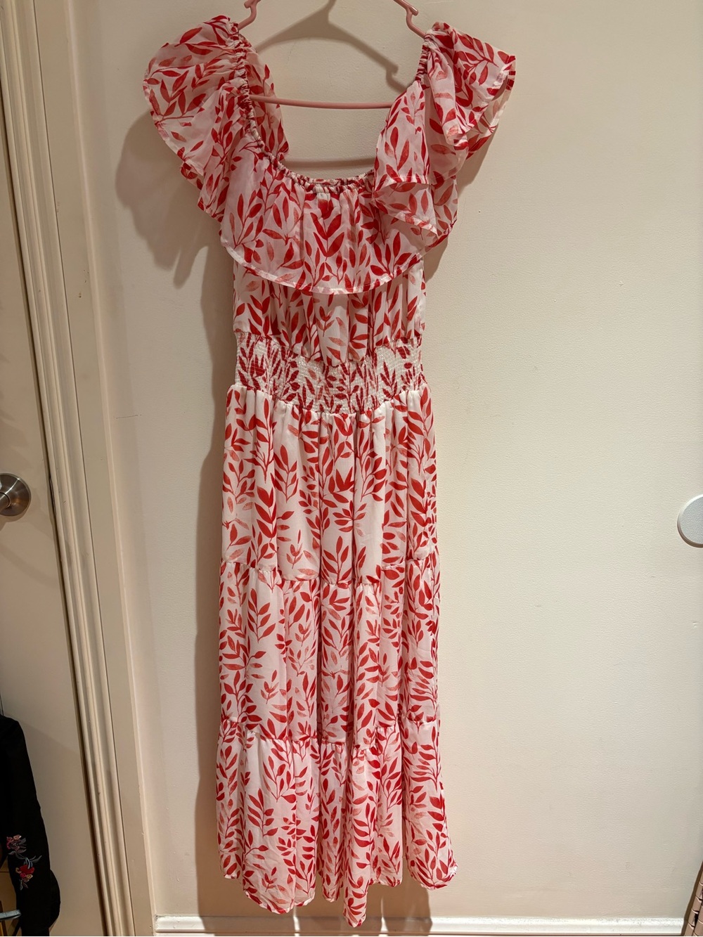 White Maxi Dress with Red Leaf Print